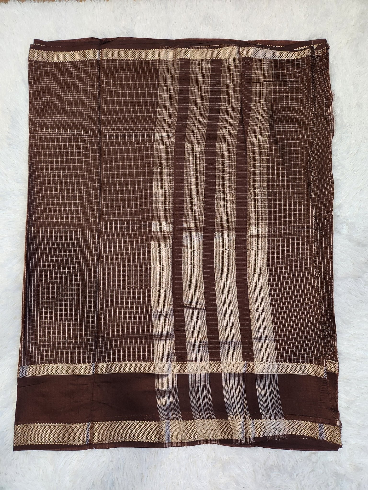 Coffee Brown Fancy Saree With Silver Zari & Small Checks Design - Urban Weave Sarees