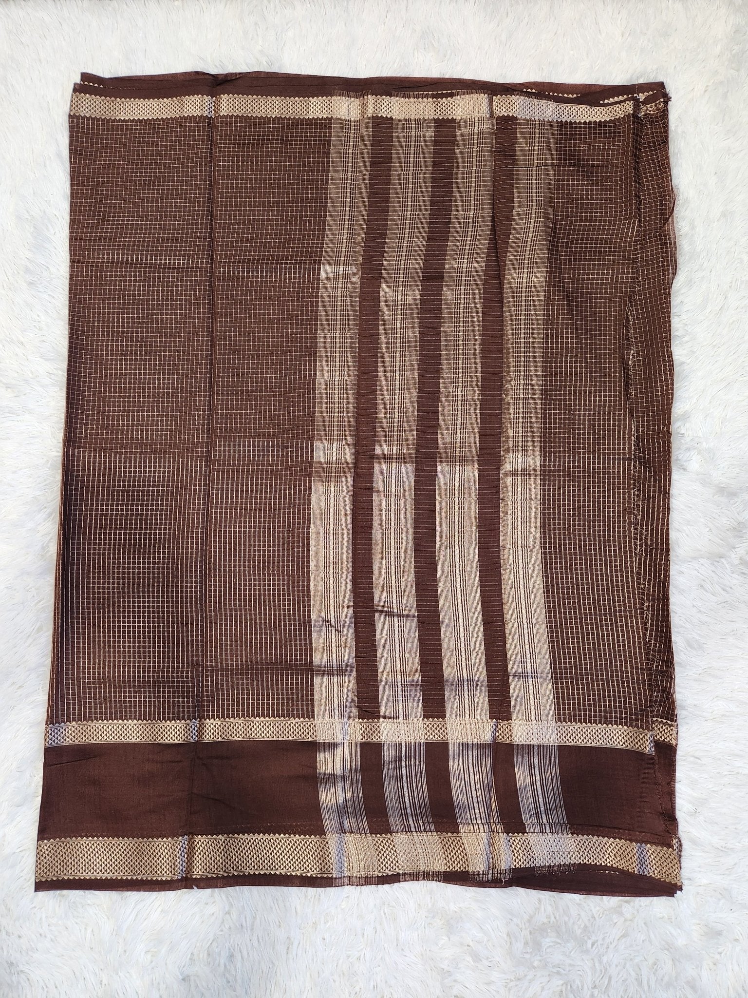 Coffee Brown Fancy Saree With Silver Zari & Small Checks Design - Urban Weave Sarees
