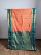 Coral Semi Kanchi Saree with Gold Zari & Green Pallu - Urban Weave Sarees