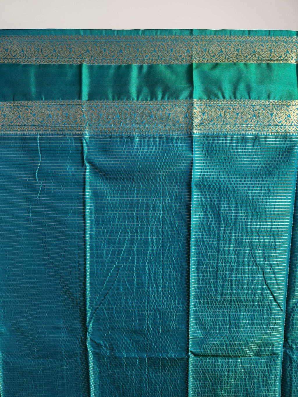 Coral Semi Kanchi Saree with Gold Zari & Green Pallu - Urban Weave Sarees