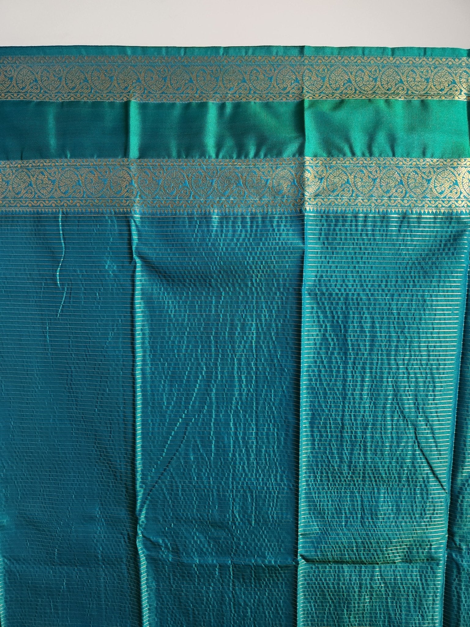 Coral Semi Kanchi Saree with Gold Zari & Green Pallu - Urban Weave Sarees