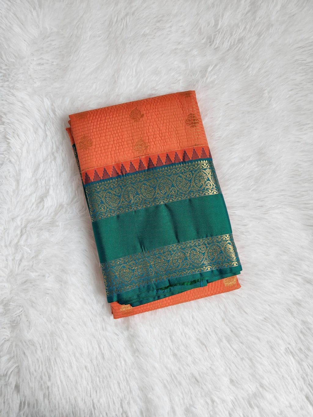 Coral Semi Kanchi Saree with Gold Zari & Green Pallu - Urban Weave Sarees