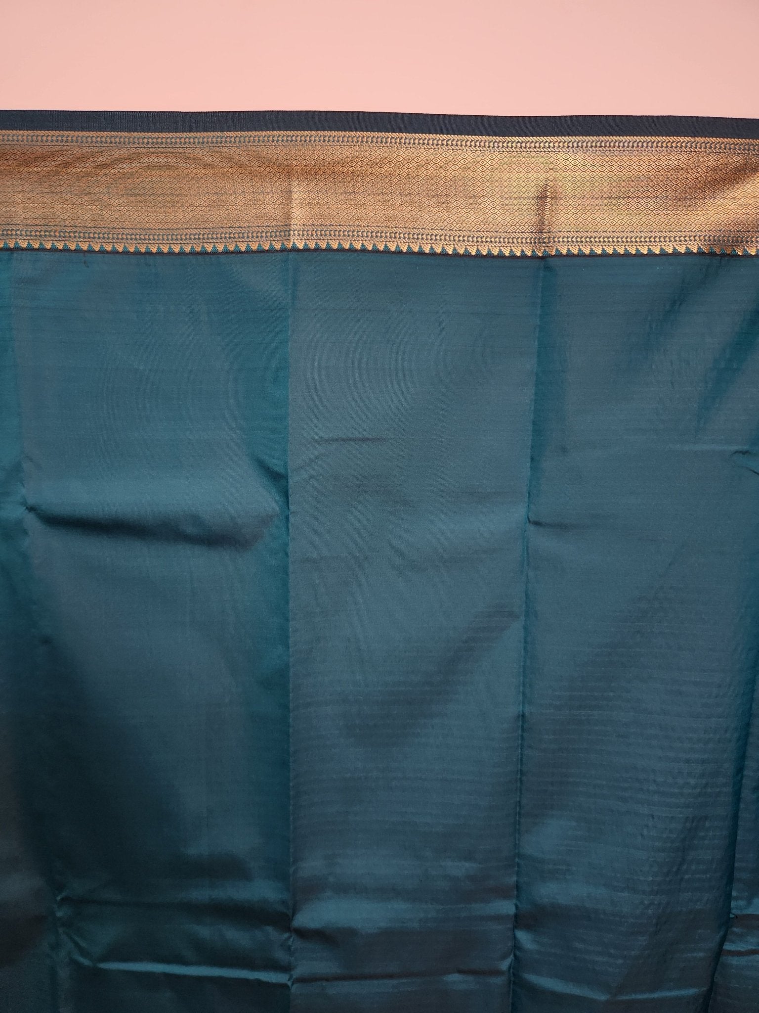 Cream Semi Kanchi Saree with Gold Zari & Teal Pallu - Urban Weave Sarees