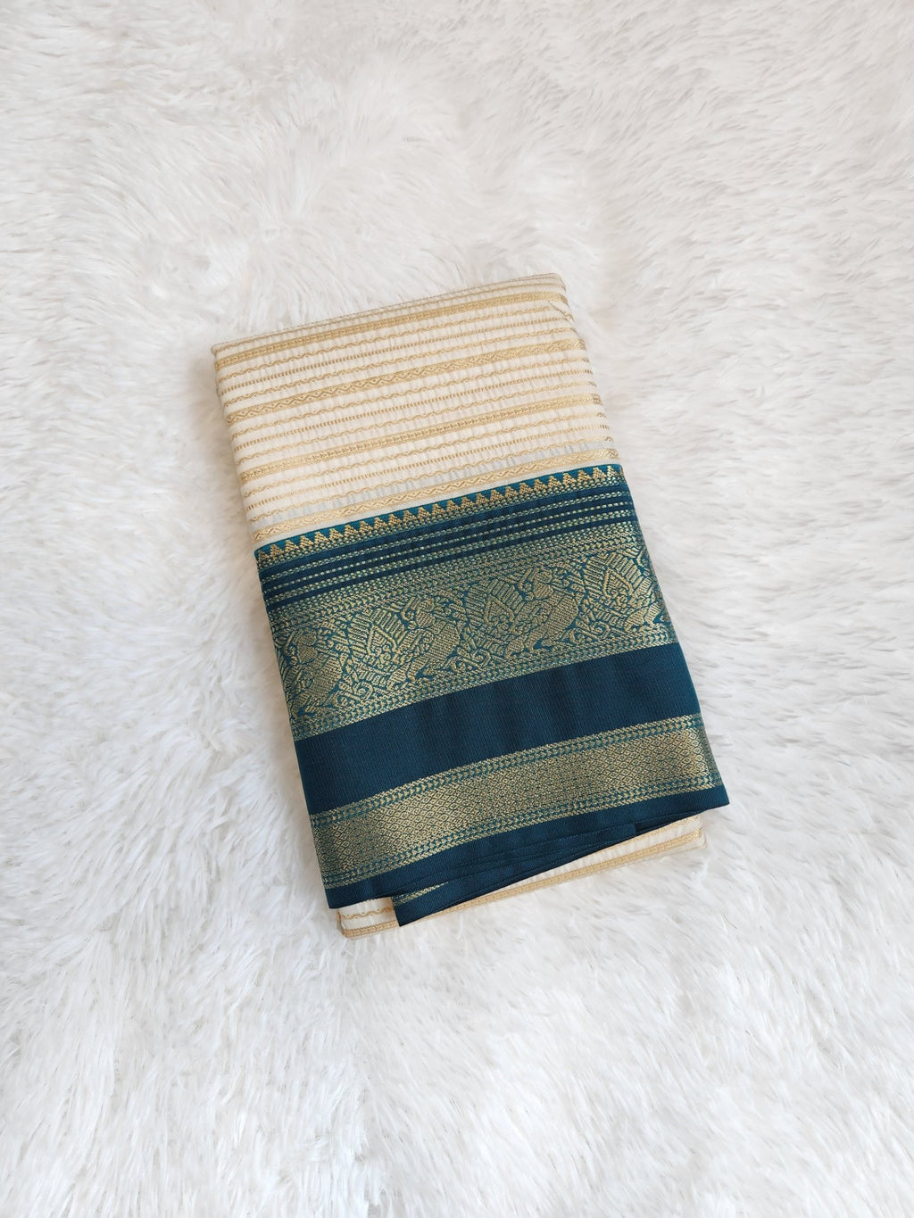 Cream Semi Kanchi Saree with Gold Zari & Teal Pallu - Urban Weave Sarees