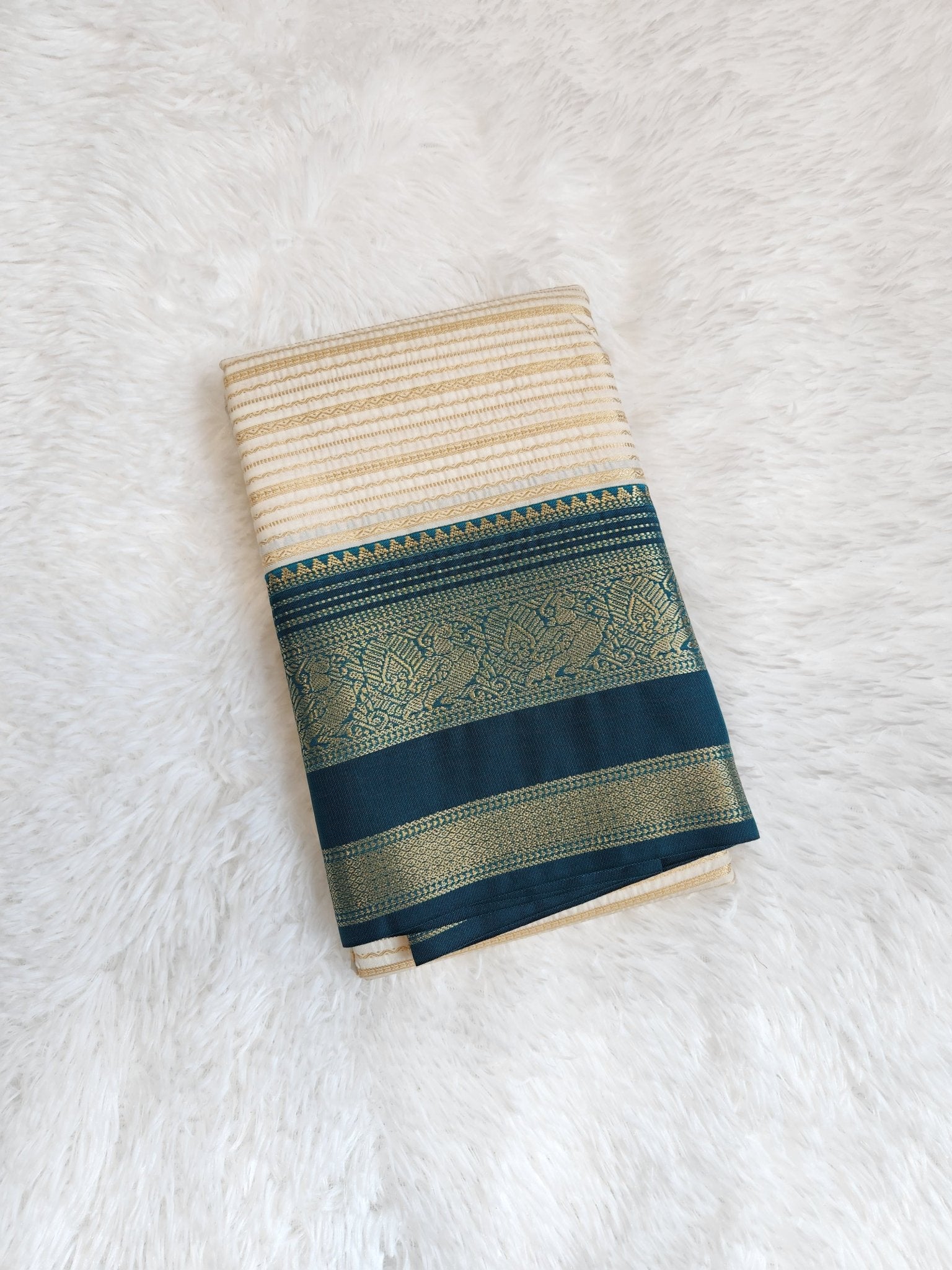 Cream Semi Kanchi Saree with Gold Zari & Teal Pallu - Urban Weave Sarees