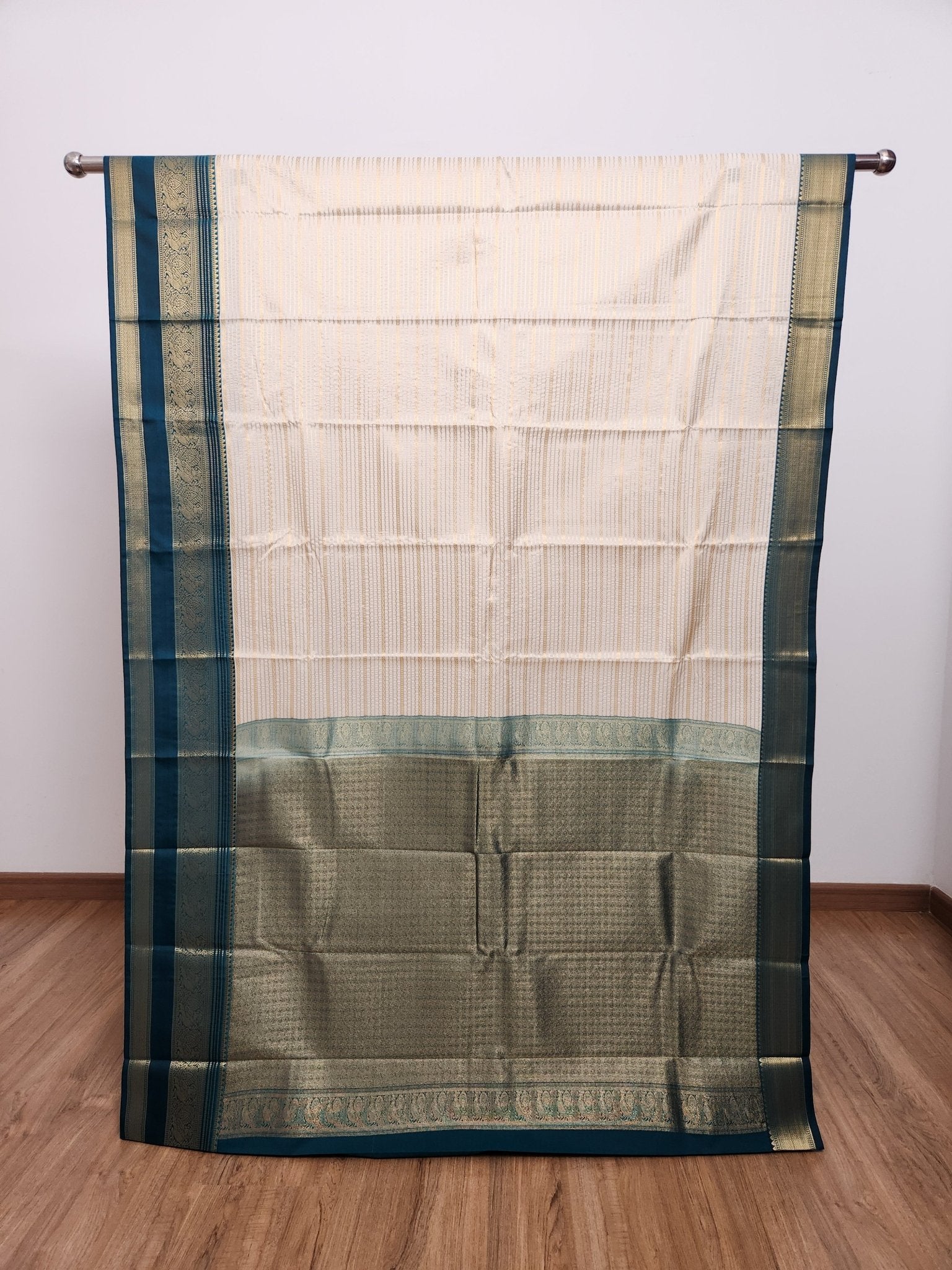 Cream Semi Kanchi Saree with Gold Zari & Teal Pallu - Urban Weave Sarees