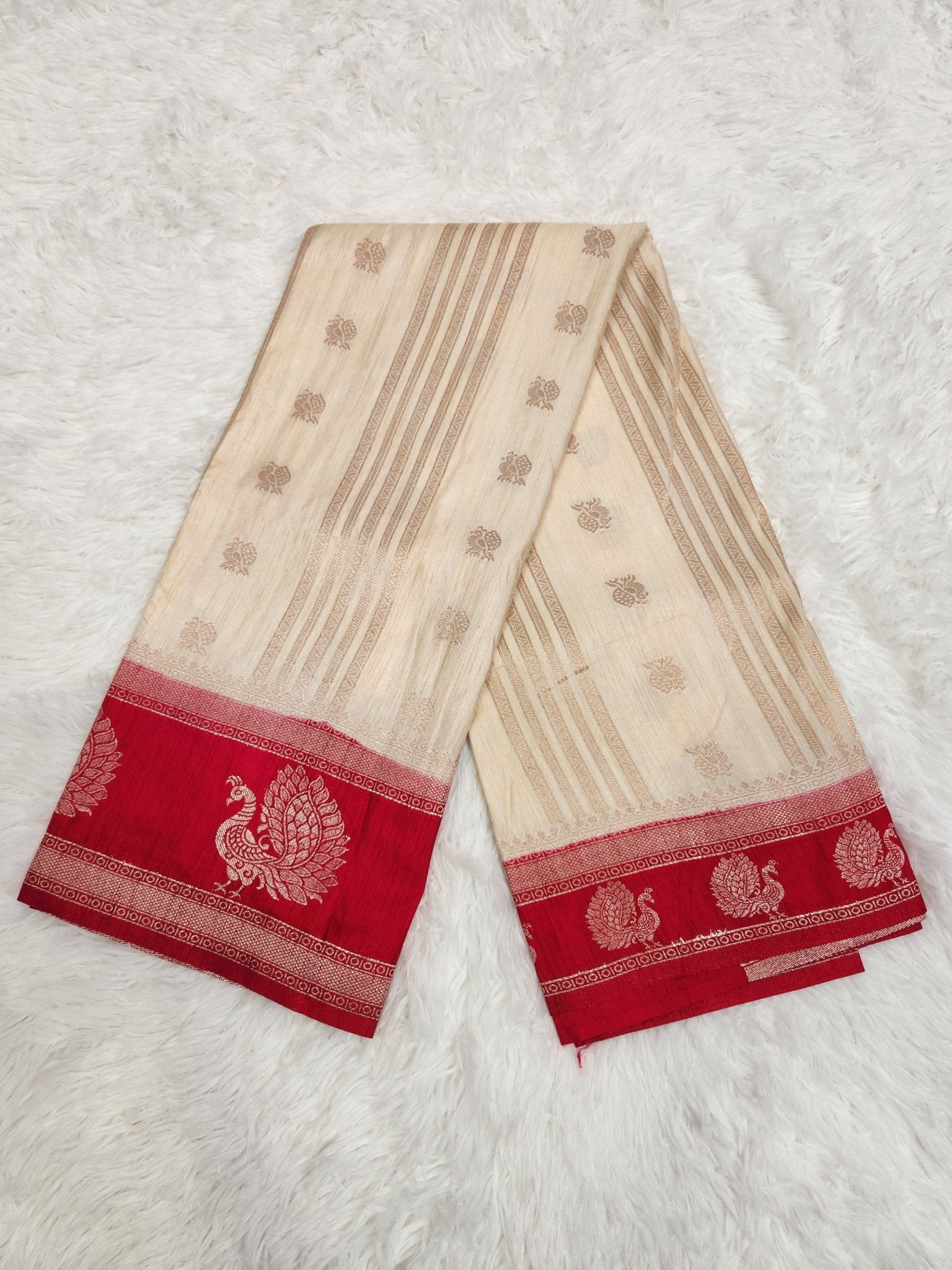 Cream Soft Silk Saree with Copper Zari & Red Pallu Vertical Line Design - Urban Weave Sarees