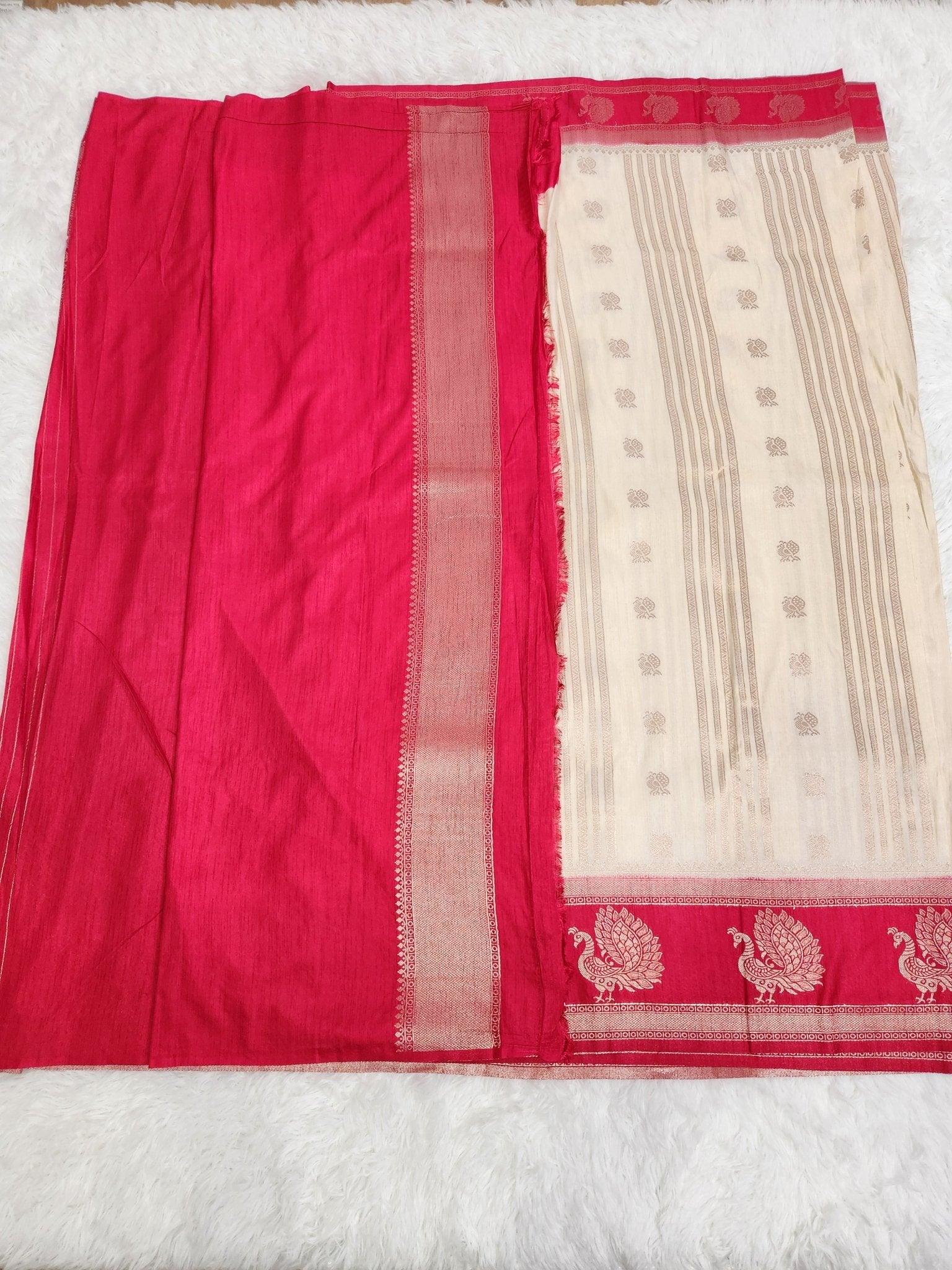 Cream Soft Silk Saree with Copper Zari & Red Pallu Vertical Line Design - Urban Weave Sarees