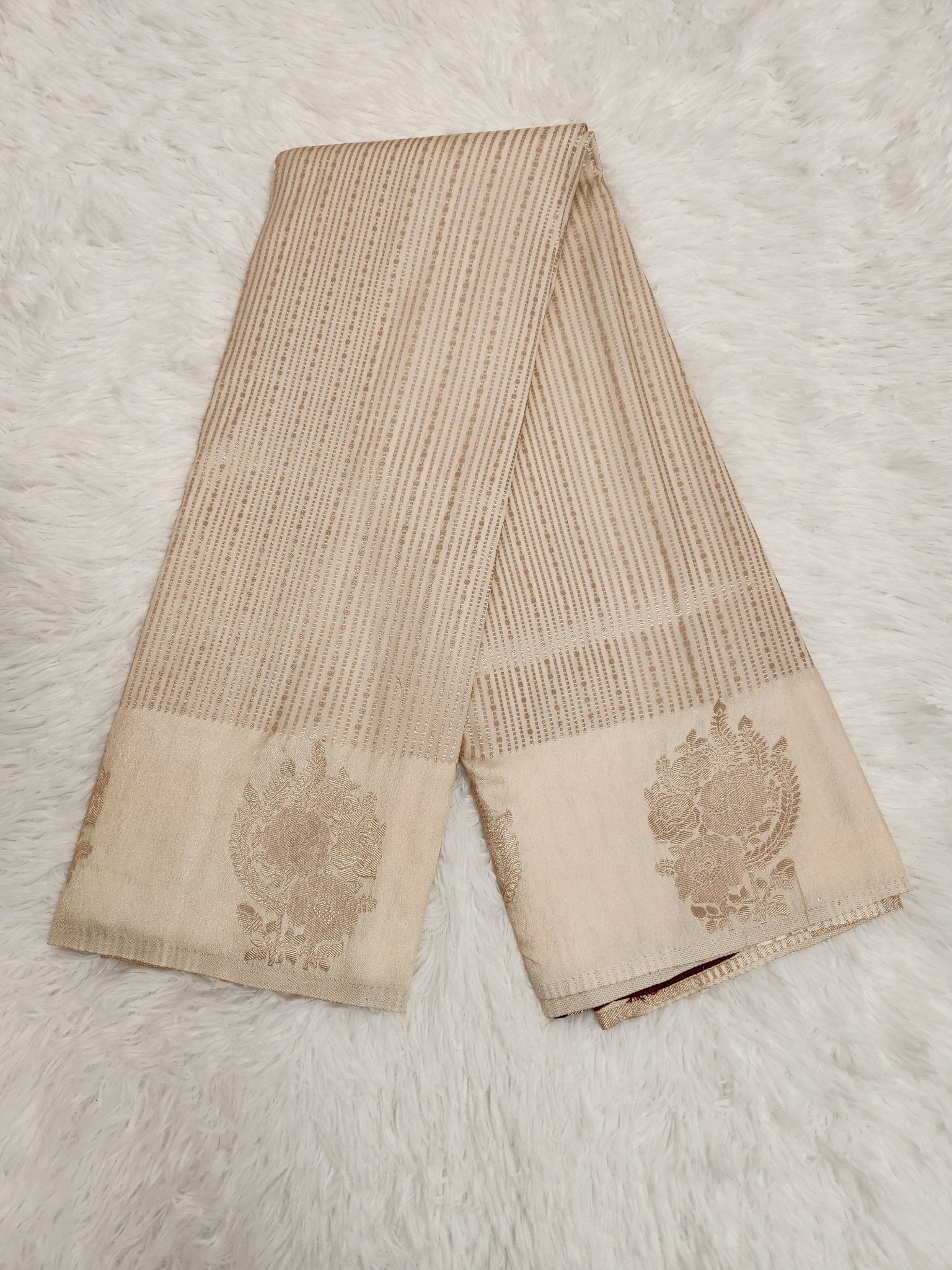Cream Soft Silk Saree with Copper Zari & Wine Blouse Vertical Line Design - Urban Weave Sarees