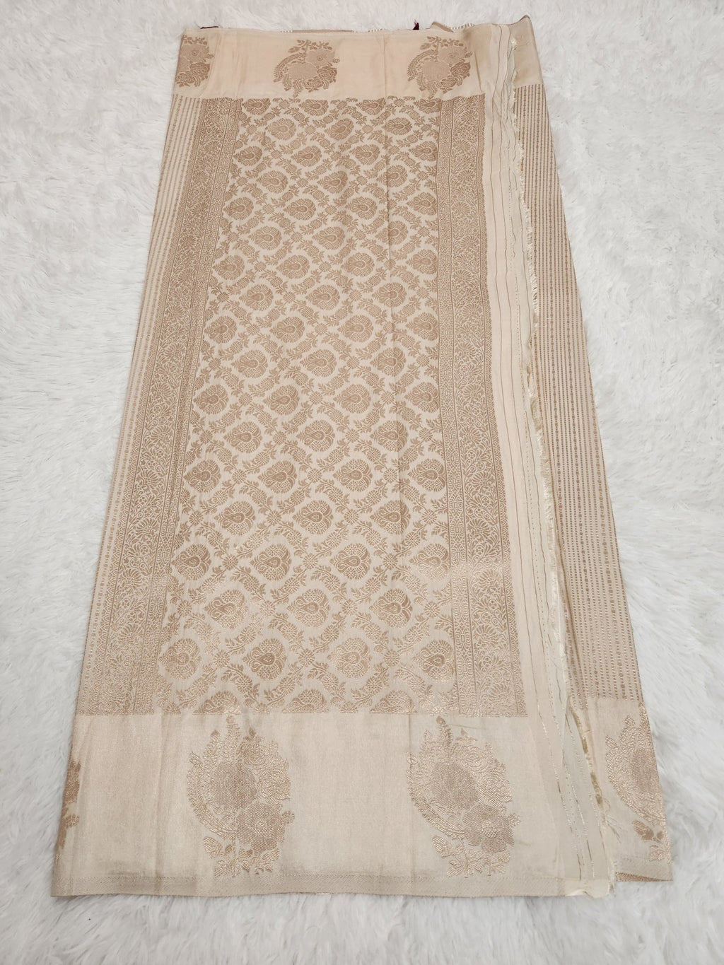 Cream Soft Silk Saree with Copper Zari & Wine Blouse Vertical Line Design - Urban Weave Sarees