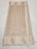 Cream Soft Silk Saree with Copper Zari & Wine Blouse Vertical Line Design - Urban Weave Sarees
