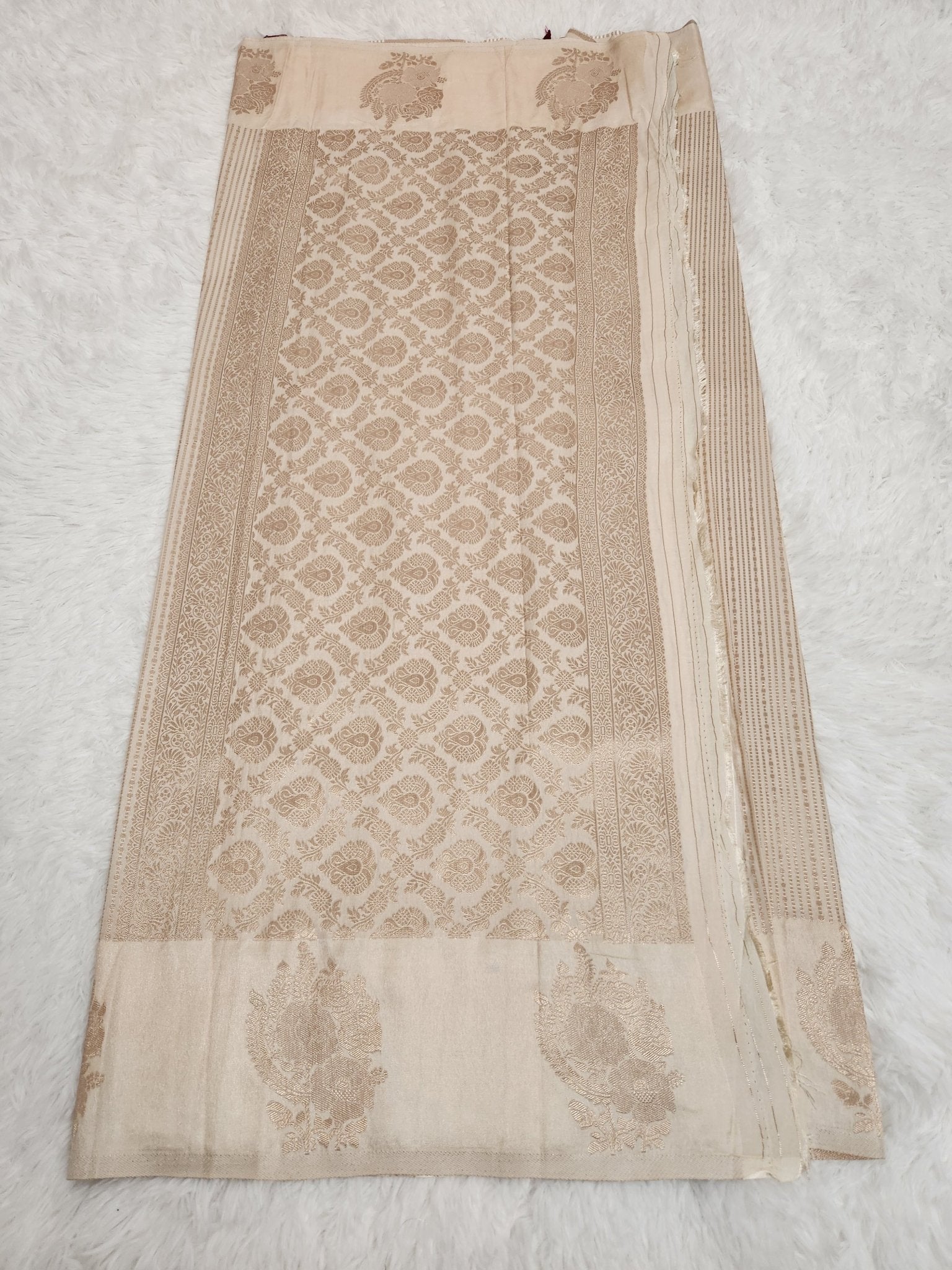 Cream Soft Silk Saree with Copper Zari & Wine Blouse Vertical Line Design - Urban Weave Sarees