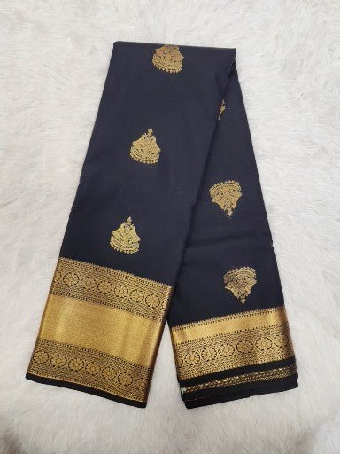 Dark Blue Semi Kanchi Saree with Copper Zari & Small Butta Design - Urban Weave Sarees