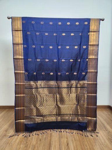 Dark Blue Semi Kanchi Saree with Copper Zari & Small Butta Design - Urban Weave Sarees