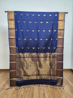 Dark Blue Semi Kanchi Saree with Copper Zari & Small Butta Design - Urban Weave Sarees