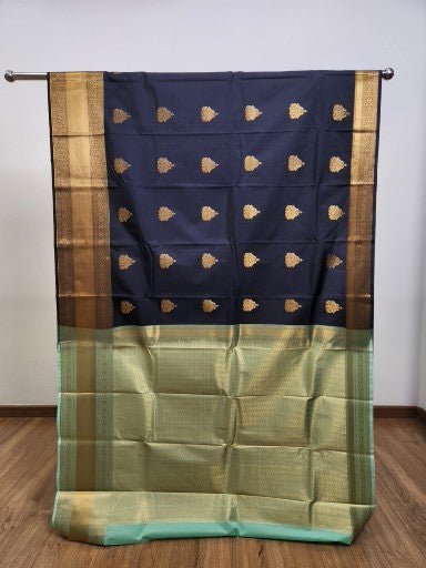 Dark Blue Semi Kanchi Saree with Copper Zari & Small Butta Design - Urban Weave Sarees