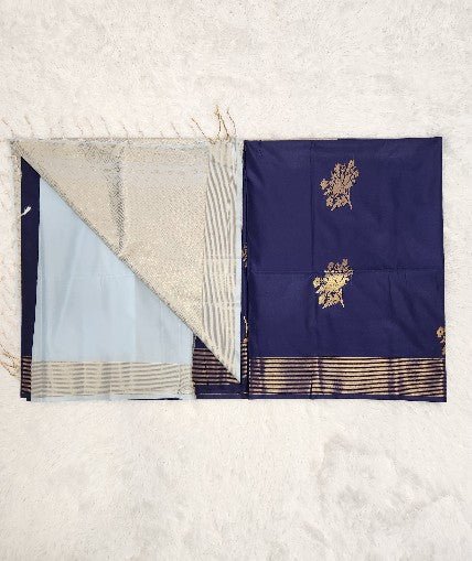 Dark Blue Soft Silk Saree with Copper Zari & Light Blue Pallu Design - Urban Weave Sarees