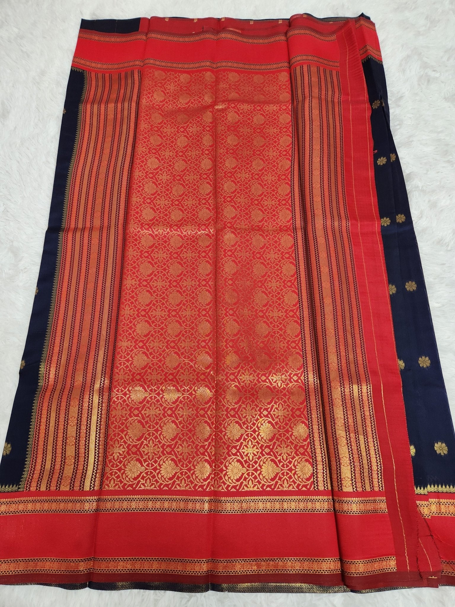 Dark Blue Soft Silk Saree with Copper Zari & Red Pallu Design - Urban Weave Sarees