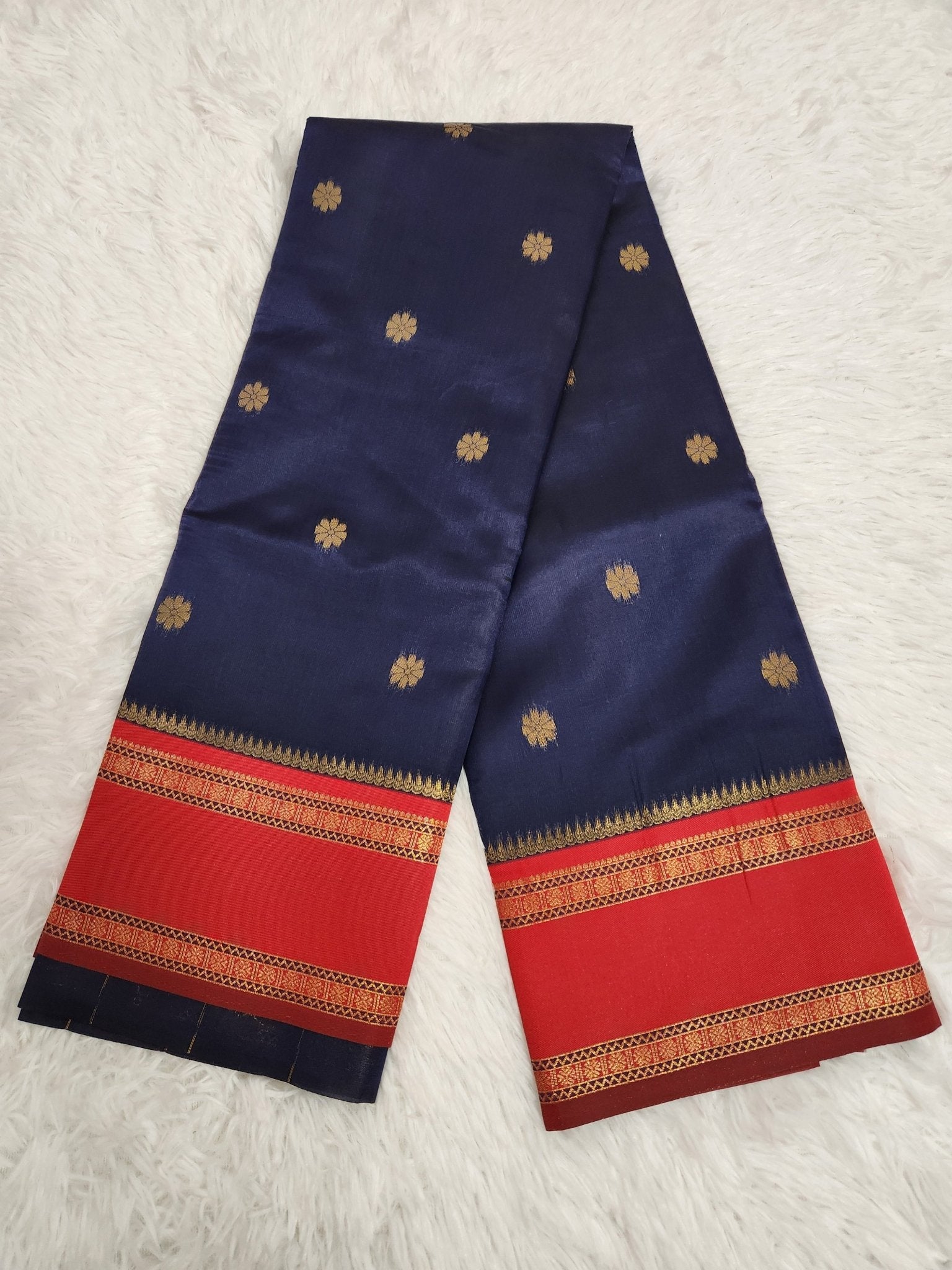 Dark Blue Soft Silk Saree with Copper Zari & Red Pallu Design - Urban Weave Sarees