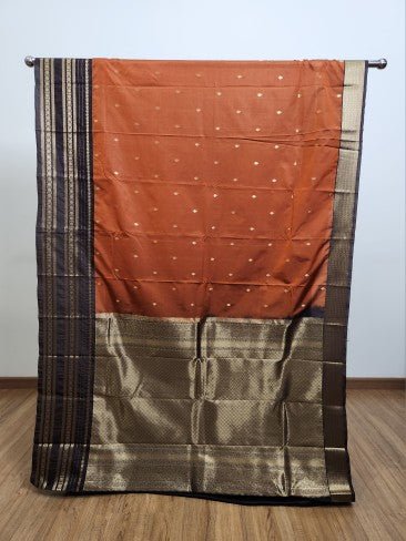 Dark Brown Semi Kaanchi Saree with Copper Zari & Small Butta Design - Urban Weave Sarees