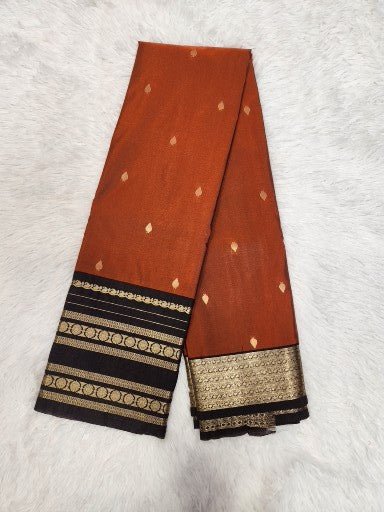 Dark Brown Semi Kaanchi Saree with Copper Zari & Small Butta Design - Urban Weave Sarees
