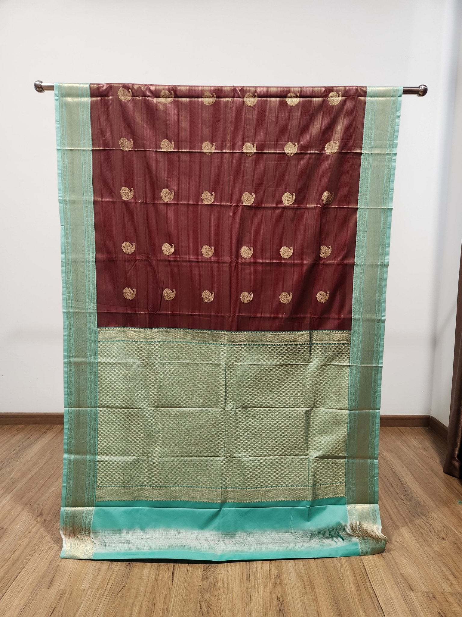 Dark Brown Semi Kanchi Saree with Copper Zari & Pistachio Green Pallu Design - Urban Weave Sarees
