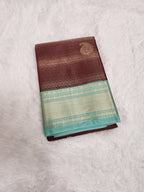 Dark Brown Semi Kanchi Saree with Copper Zari & Pistachio Green Pallu Design - Urban Weave Sarees