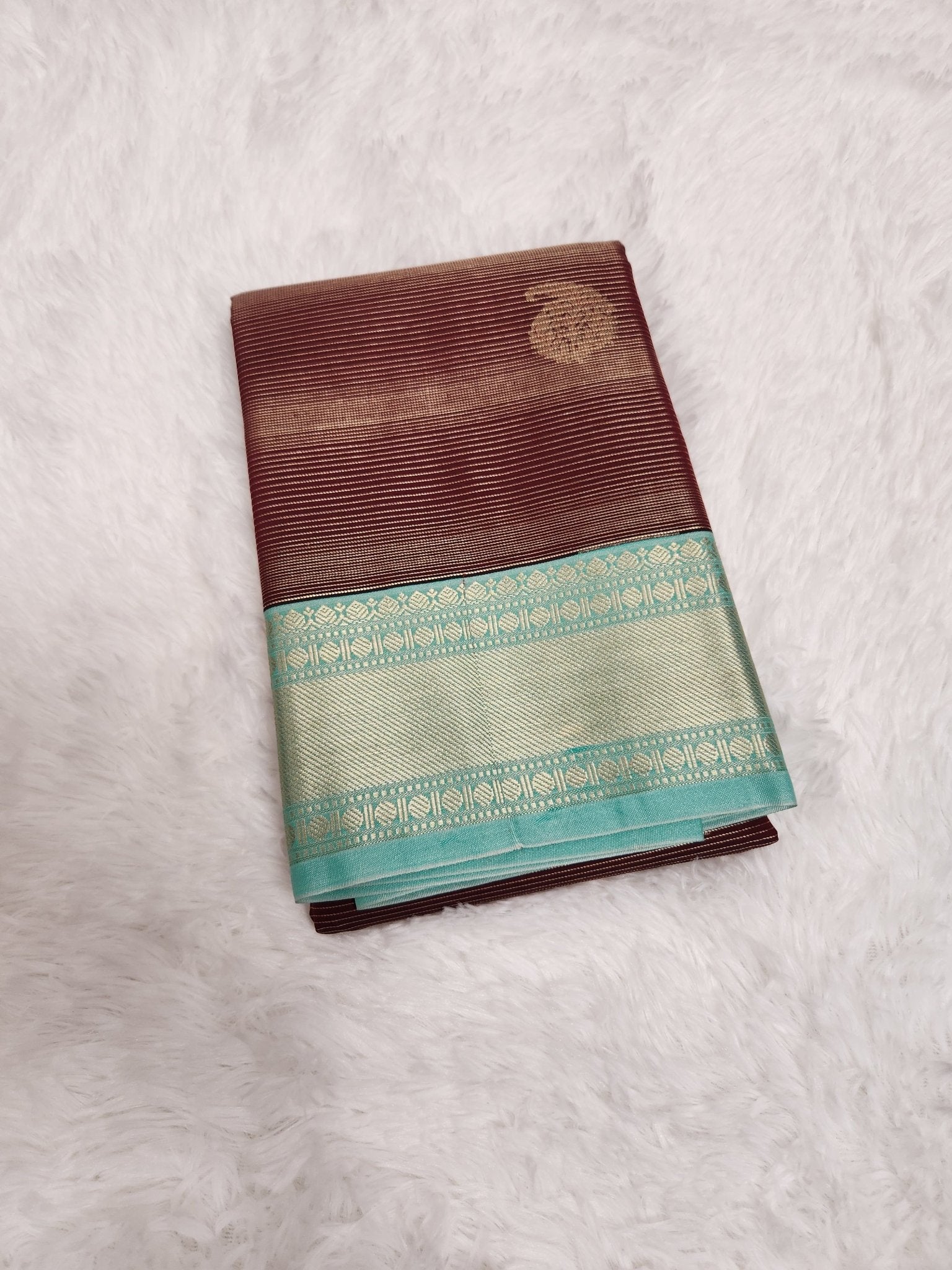 Dark Brown Semi Kanchi Saree with Copper Zari & Pistachio Green Pallu Design - Urban Weave Sarees