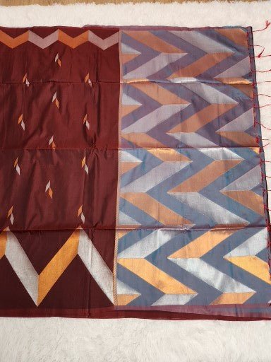 Dark Brown Soft Silk Saree with Copper Zari & Blue Pallu - Urban Weave Sarees