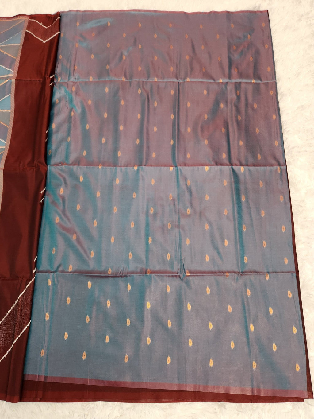 Dark Brown Soft Silk Saree with Copper Zari & Blue Pallu - Urban Weave Sarees