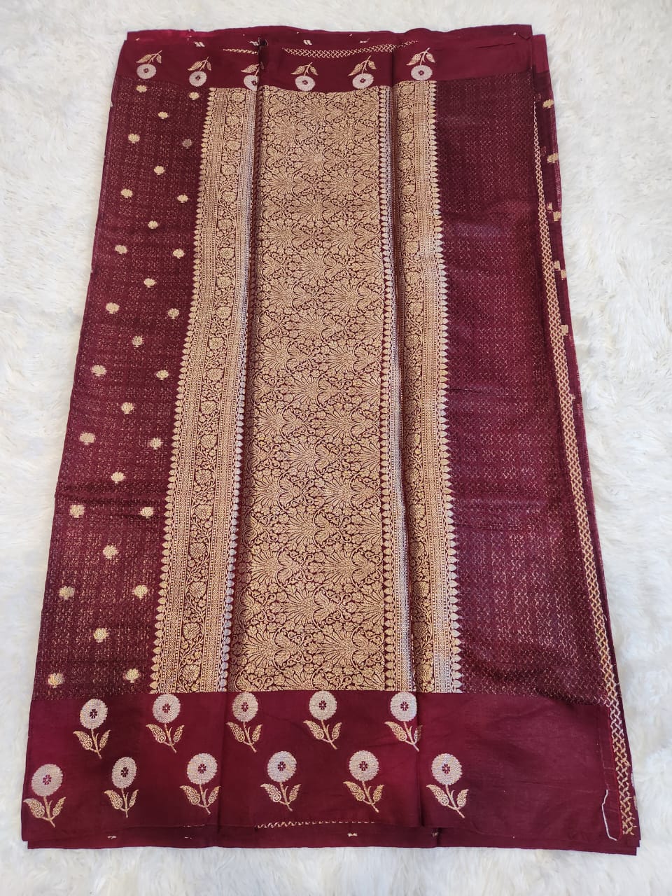 Dark Brown Soft Silk Saree with Copper Zari & Flower Butta with Straight Lines Design - Urban Weave Sarees