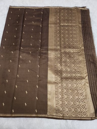 Dark Brown Soft Slik Saree With Copper Zari & Small Vel Butta Design - Urban Weave Sarees