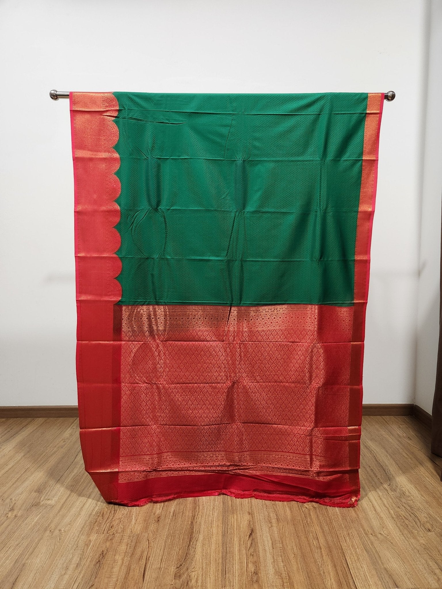 Dark Green Semi Kanchi Saree with Copper Zari & Red Pallu - Urban Weave Sarees