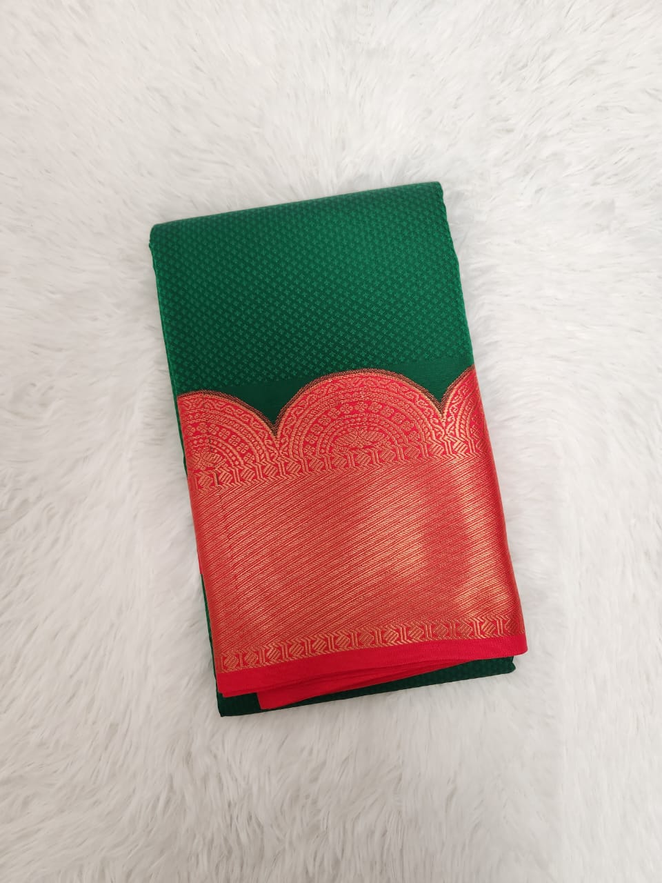 Dark Green Semi Kanchi Saree with Copper Zari & Red Pallu - Urban Weave Sarees