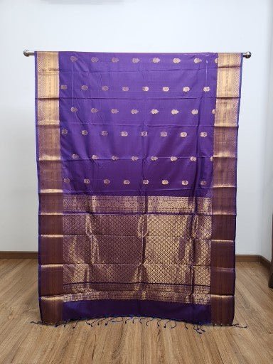 Dark Purple Semi Kaanchi Saree with Copper Zari & Small Butta Design - Urban Weave Sarees