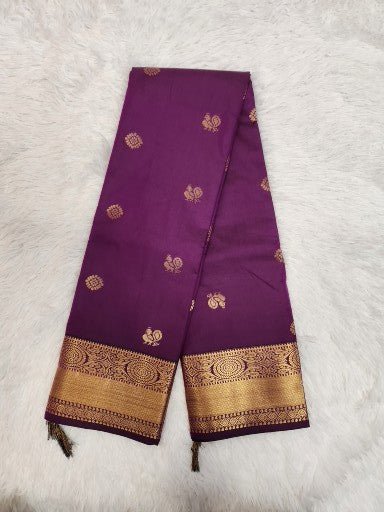 Dark Purple Semi Kanchi Saree with Gold Zari & Peacock Butta Design - Urban Weave Sarees