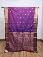 Dark Purple Semi Kanchi Saree with Gold Zari & Peacock Butta Design - Urban Weave Sarees