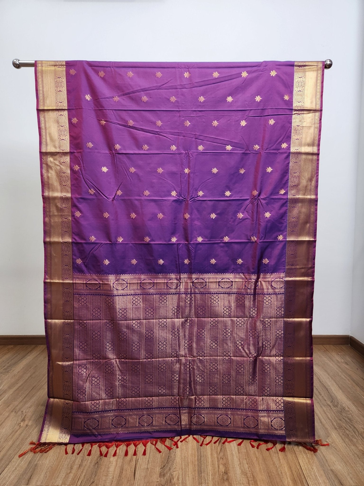 Dark Purple Semi Kanchi Saree with Gold Zari & Peacock Butta Design - Urban Weave Sarees