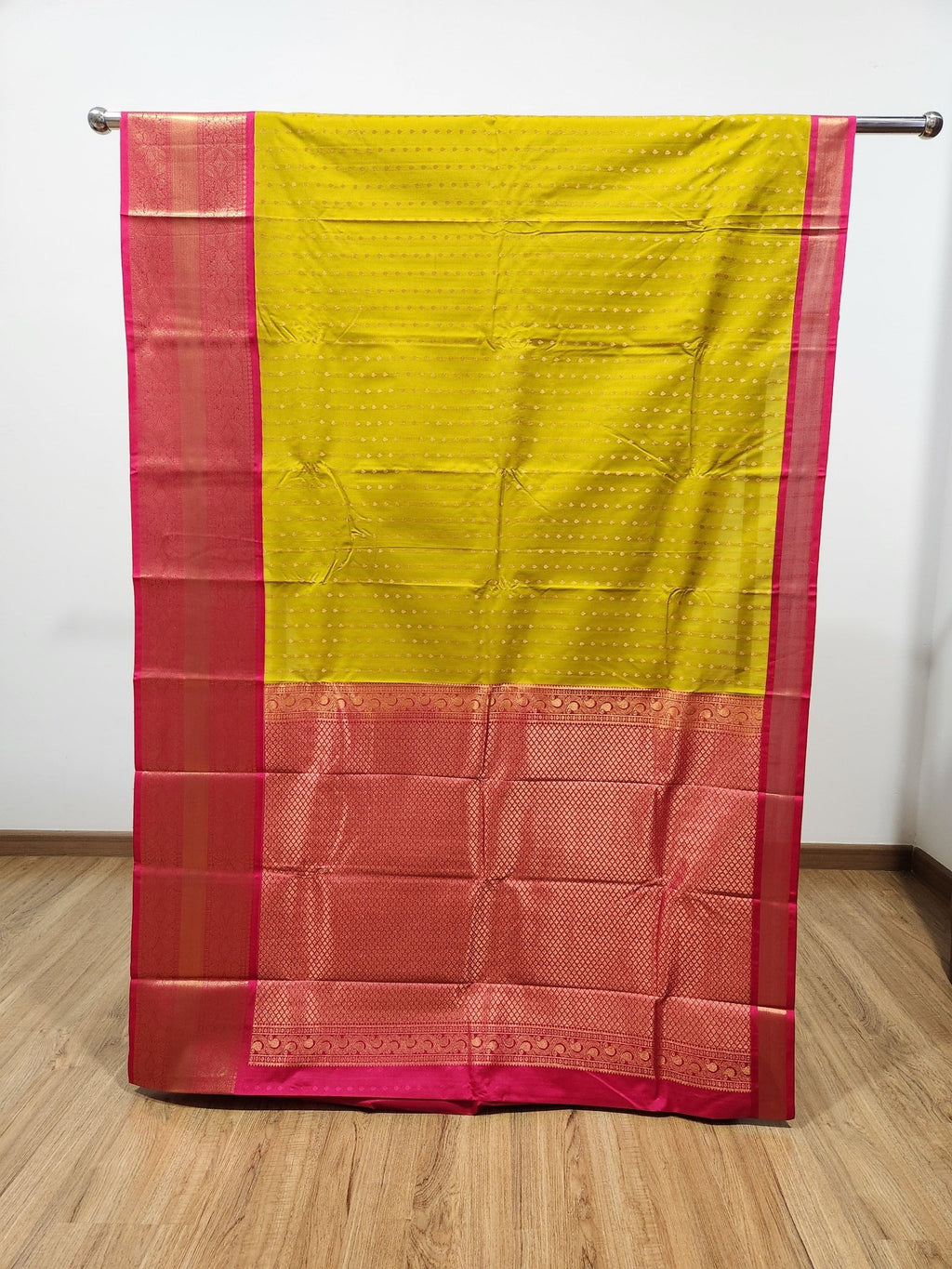 Dark Yellow Semi Kanchi Saree with Gold Zari & Pink Pallu - Urban Weave Sarees