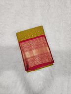 Dark Yellow Semi Kanchi Saree with Gold Zari & Pink Pallu - Urban Weave Sarees