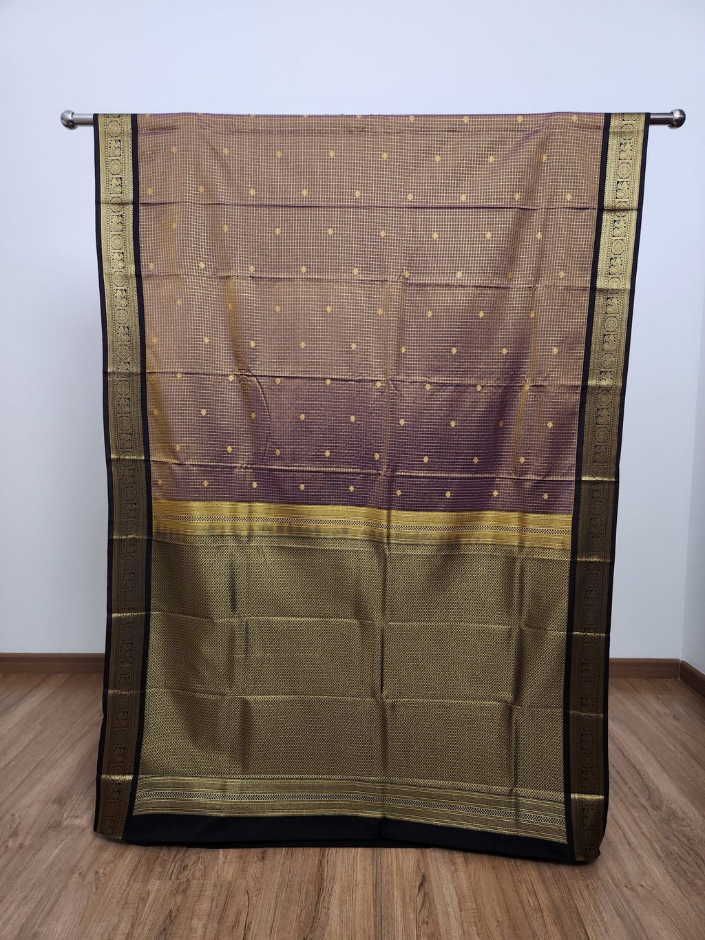 Dual Tone Grey Purple Semi Kanchi Saree with Gold Zari & Jet Black Pallu - Urban Weave Sarees