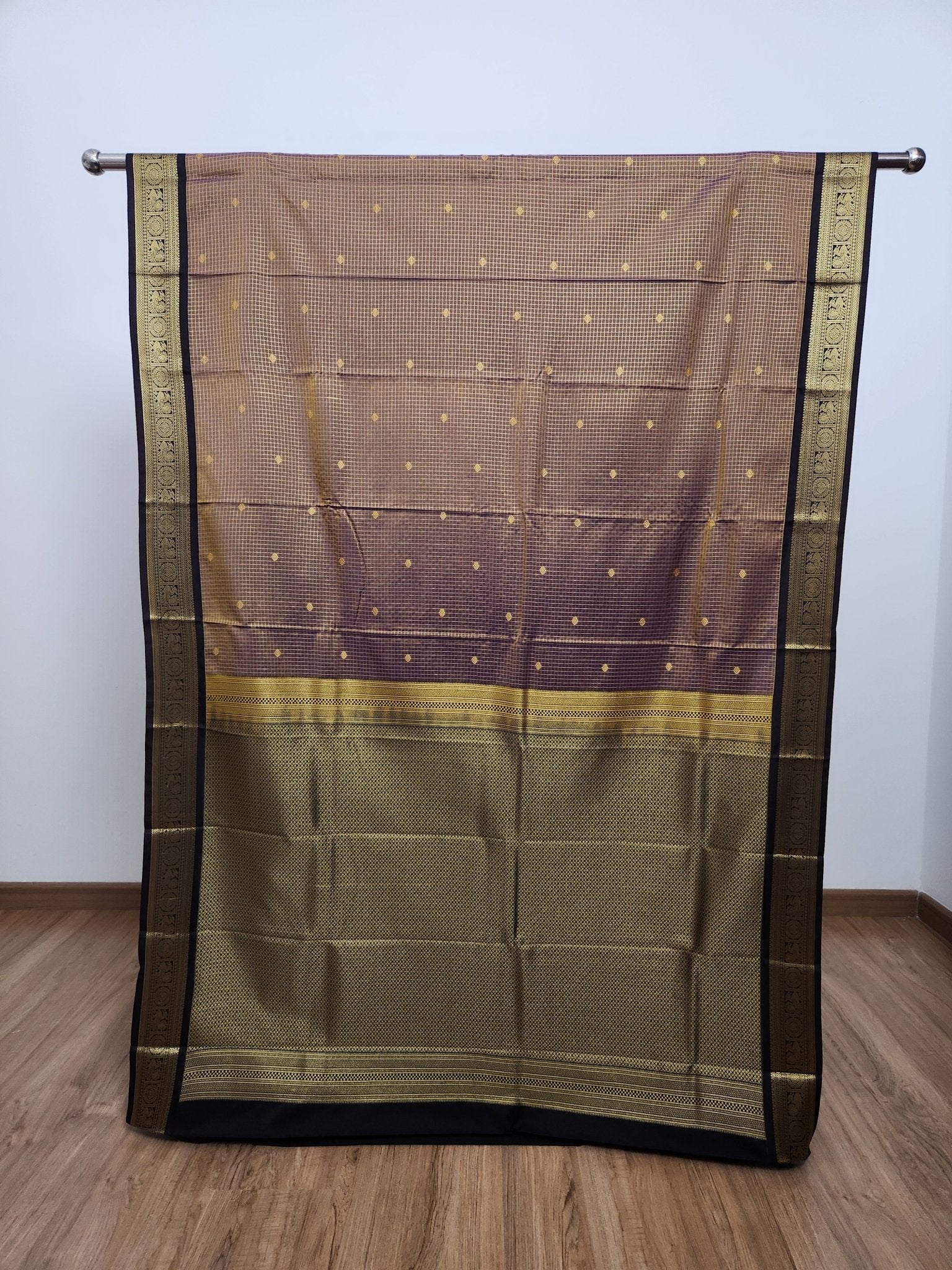 Dual Tone Grey Purple Semi Kanchi Saree with Gold Zari & Jet Black Pallu - Urban Weave Sarees