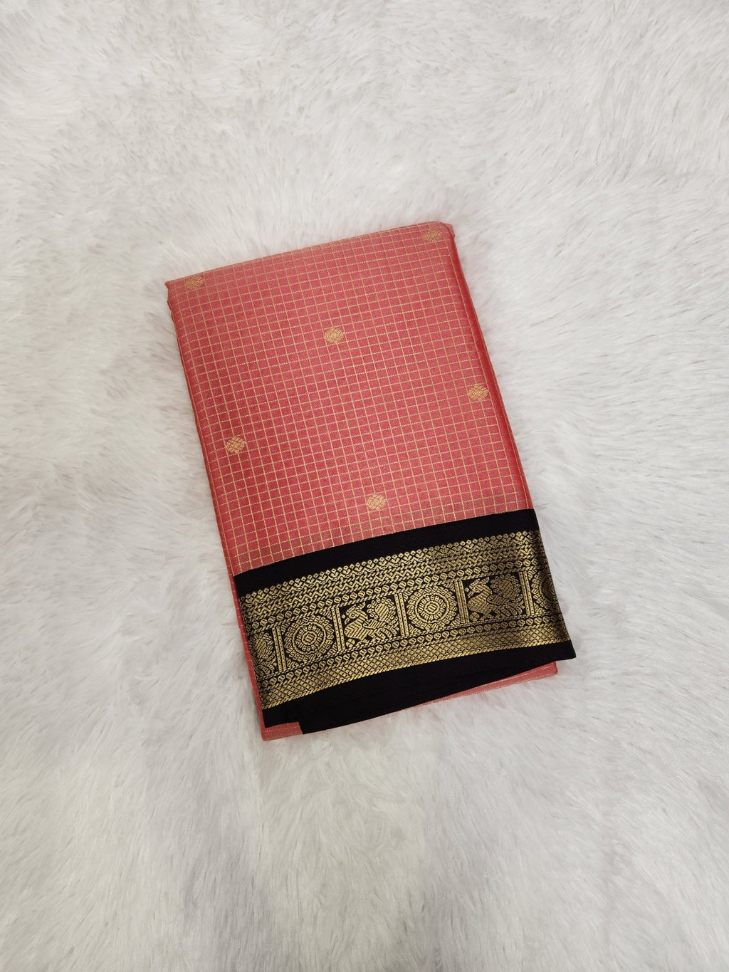 Dual Tone Peach Semi Kanchi Saree with Gold Zari & Jet Black Pallu - Urban Weave Sarees