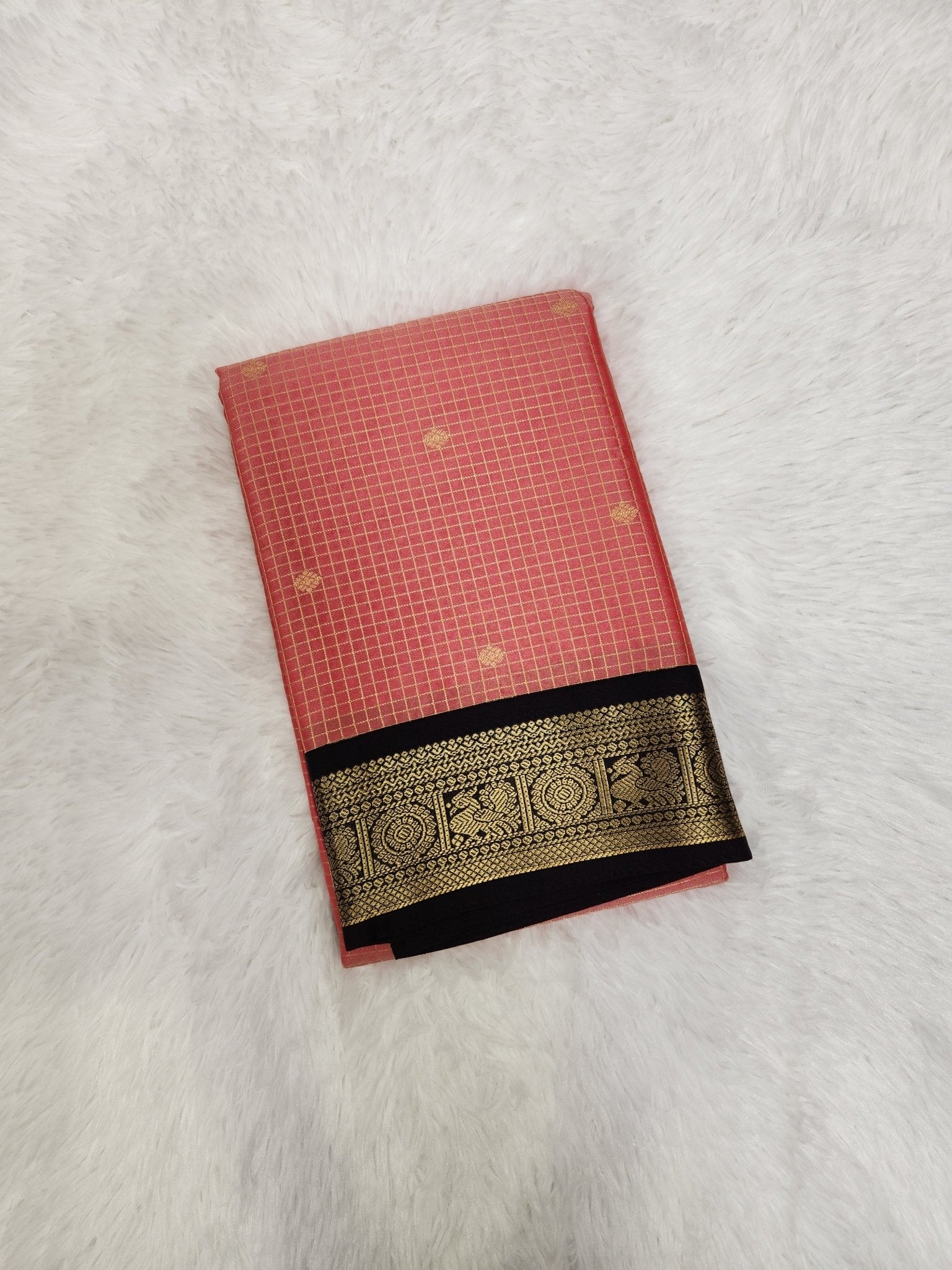 Dual Tone Peach Semi Kanchi Saree with Gold Zari & Jet Black Pallu - Urban Weave Sarees