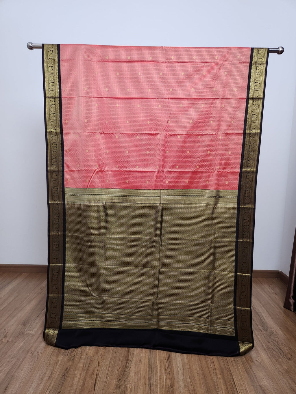 Dual Tone Peach Semi Kanchi Saree with Gold Zari & Jet Black Pallu - Urban Weave Sarees