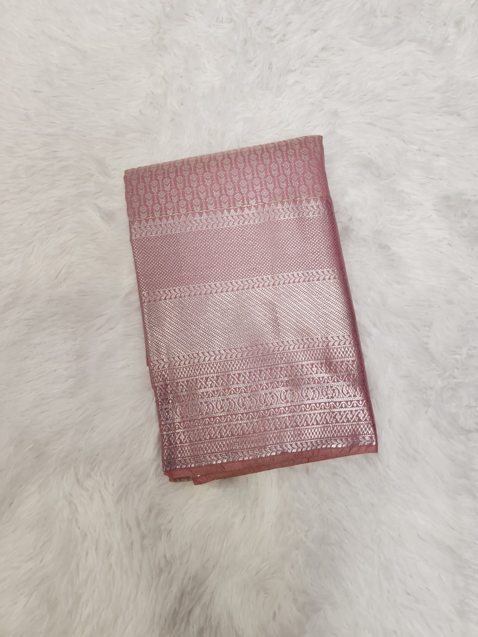 Dusty Pink Semi Kanchi Saree with Silver Zari & Brocade Design - Urban Weave Sarees