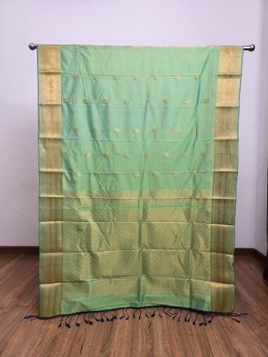 Emerald Green Semi Kaanchi Saree with Copper Zari & Small Butta Design - Urban Weave Sarees