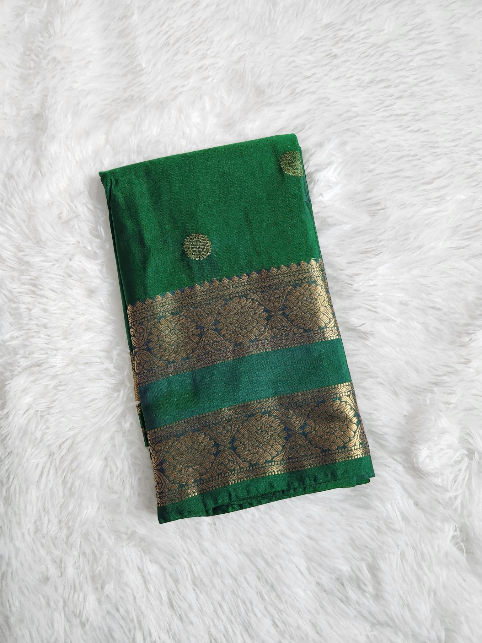 Emerald Green Semi Kanchi Saree with Gold Zari & Chakram Butta - Urban Weave Sarees
