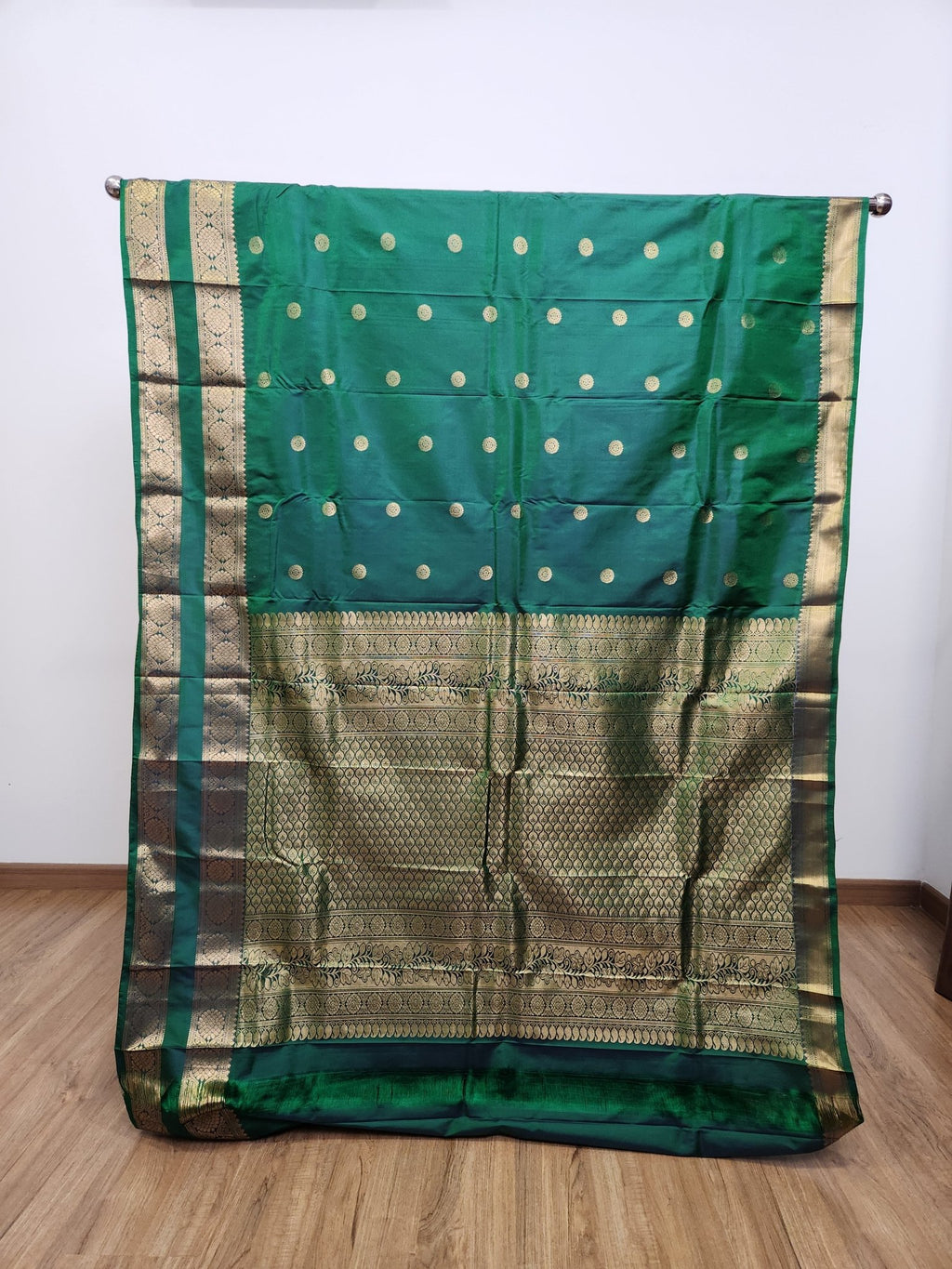 Emerald Green Semi Kanchi Saree with Gold Zari & Chakram Butta - Urban Weave Sarees