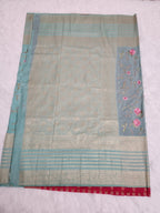 Emerald Green Soft Silk Saree with Copper Zari & Pink Blouse Embroidery Design - Urban Weave Sarees